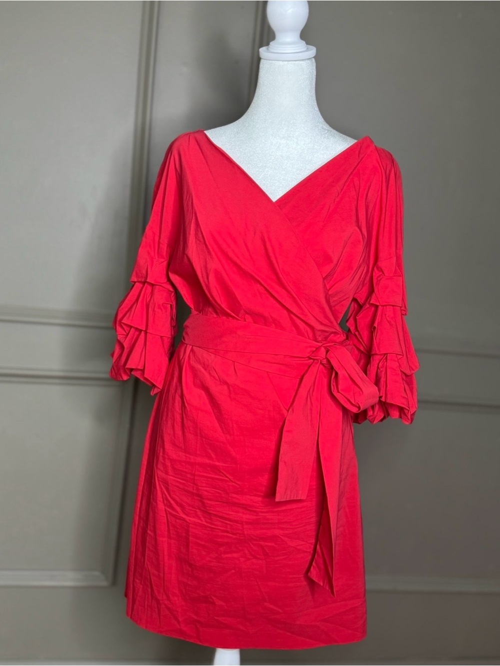 ZARA Woman Red Ruffle Sleeve Wrap Dress Smal